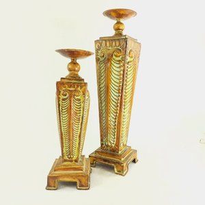 Pillar candle holder PAIR Metal with Patina Finish 2 heights